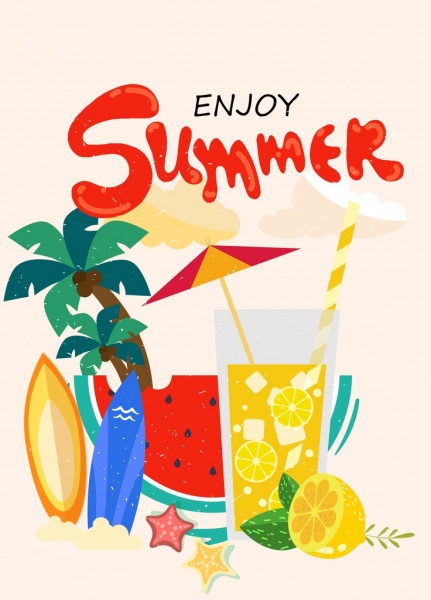 Vacaciones de verano poster coctel frutas coco paraguas iconos