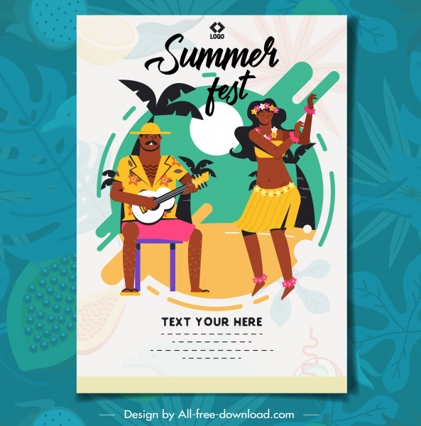 poster liburan musim panas ikon pasangan menari klasik berwarna-warni