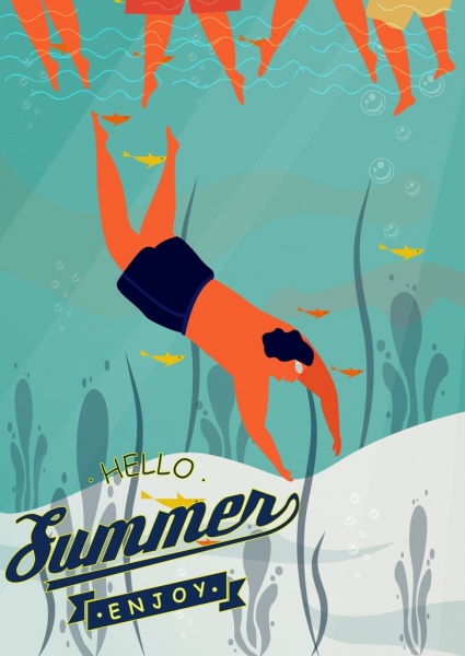 musim panas liburan poster menyelam manusia ikon kartun berwarna
