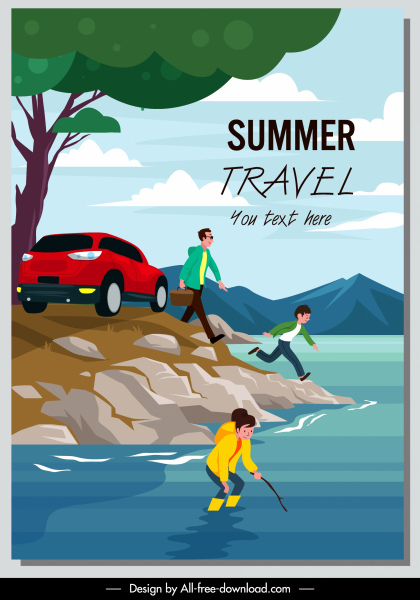 летний отпуск плакат семейный отдых эскиз мультфильм дизайн