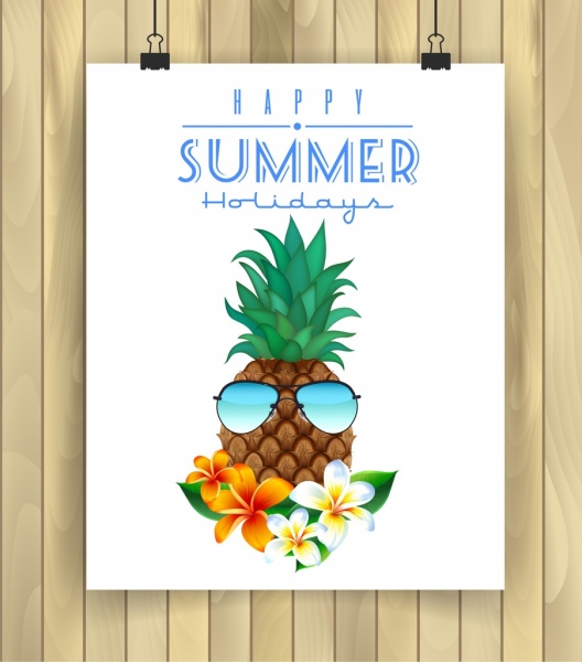 verão férias cartaz abacaxi flores decoração ícones de óculos de sol