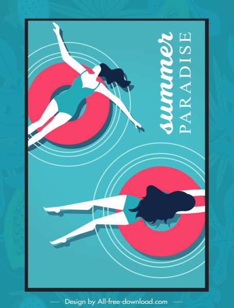 Sommer Urlaub Poster Vorlage Schwimmen Bikini Mädchen Skizze