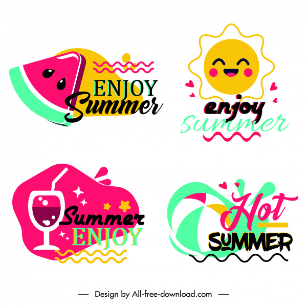plantillas de logotipo de verano sol sandía cóctel bola boceto