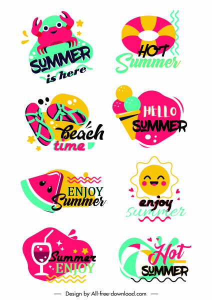 logotipos de verão colorido clássico símbolos planos esboço
