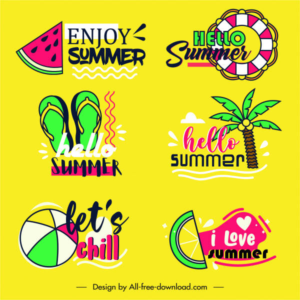 logotipos de verano coloridos símbolos planos dibujados a mano