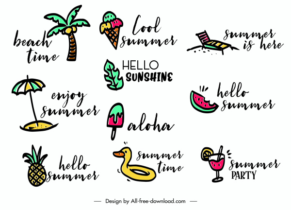 logotipos de verano coloridos símbolos planos dibujados a mano boceto