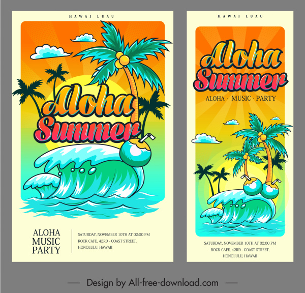 spanduk musik musim panas gelombang warna-warni klasik dekorasi kelapa