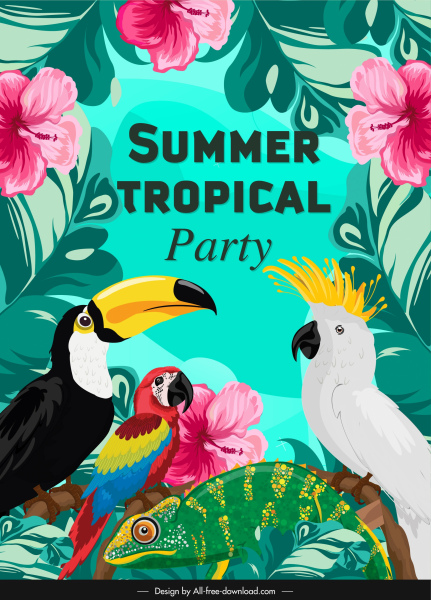 biểu ngữ tiệc mùa hè đầy màu sắc Hibiscus vẹt toucan trang trí