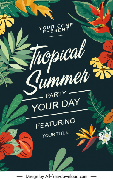Sommer-Party-Banner tropischen Pflanzen Dekor dunkles Design