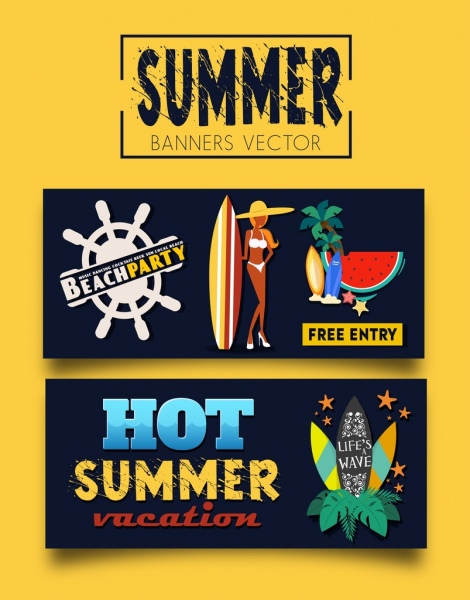 Festa d'estate bandiere icone del bikini ragazza surf cocco