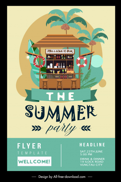 musim panas pesta flyer template warna-warni tropis dekorasi klasik