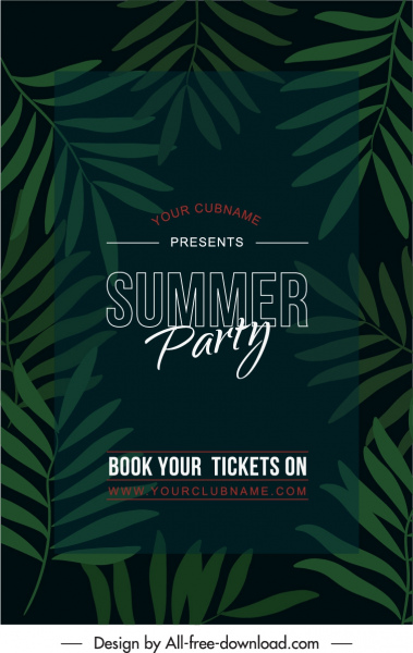 poster pesta musim panas desain gelap dekorasi daun hijau