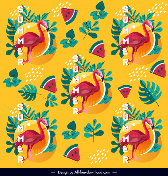 플라밍고 수박 잎 스케치를 반복하는 여름 패턴 템플릿
