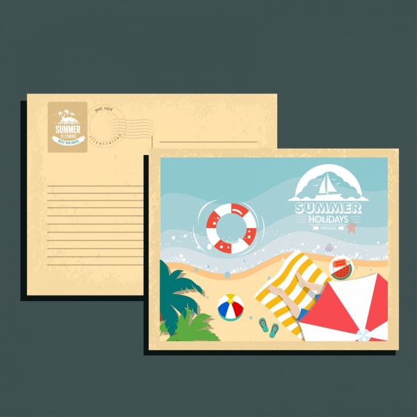modèle de carte postale plage d'icônes de décoration