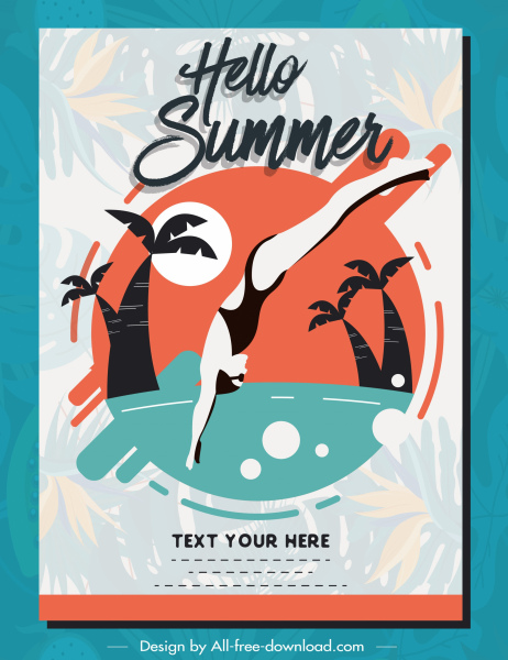 cartel de verano playa natación bosquejo color plano clásico
