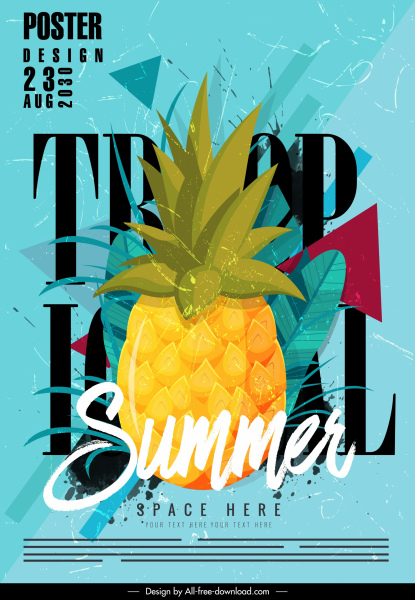 夏季海报菠萝素描五颜六色的经典粗俗装饰