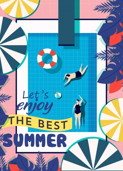 Sommer Plakat Schwimmbad Dach Symbole flache Bauweise