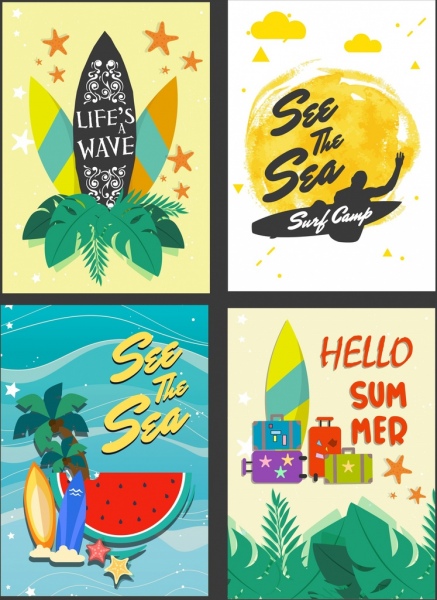 Sommer Plakat Vorlagen Surfbrett Meer Obst Symbole