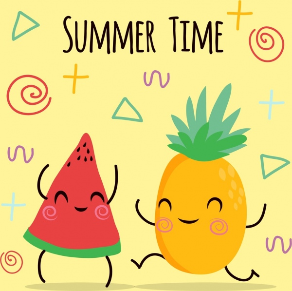 musim panas semangka nanas ikon lucu bergaya desain poster