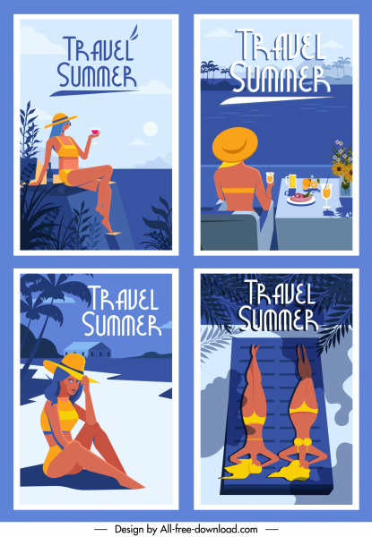 夏のポスターテンプレートビキニ女の子の海のシーンスケッチ