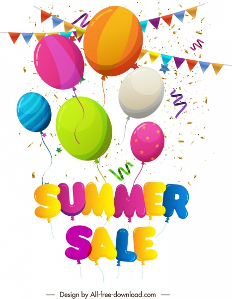 banner de venda de verão balões coloridos fita confete decoração