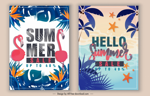 bannières de vente d'été colorés thèmes marins de forêt classique