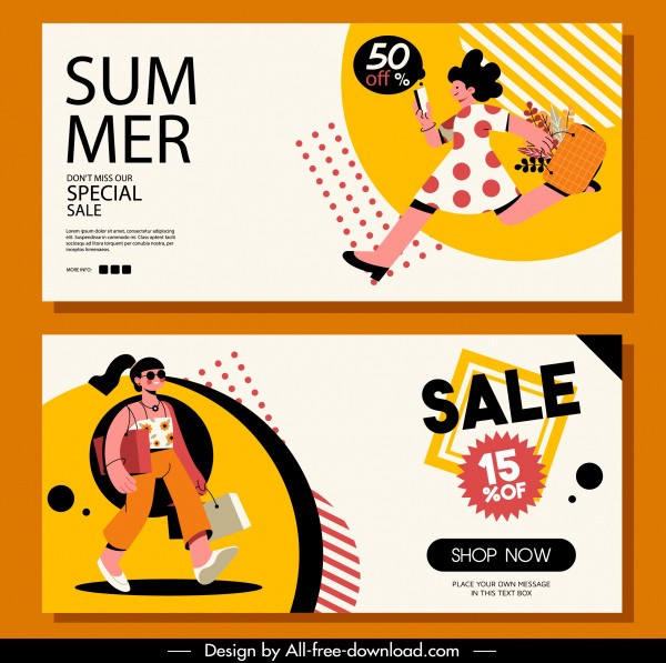 banners de venda de verão compradores dinâmicos esboço desenho de desenho animado