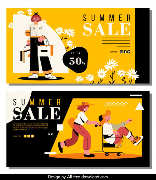 venta de verano banners compradores bosquejar colorido diseño de dibujos animados