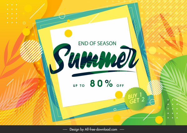 cartel de venta de verano colorido brillante borroso hojas marcos