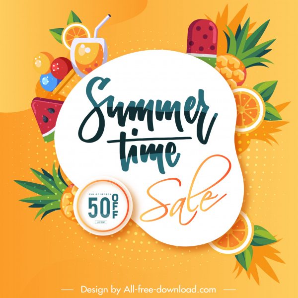 Sommerverkauf Poster bunte flache Früchte Cocktail Skizze
