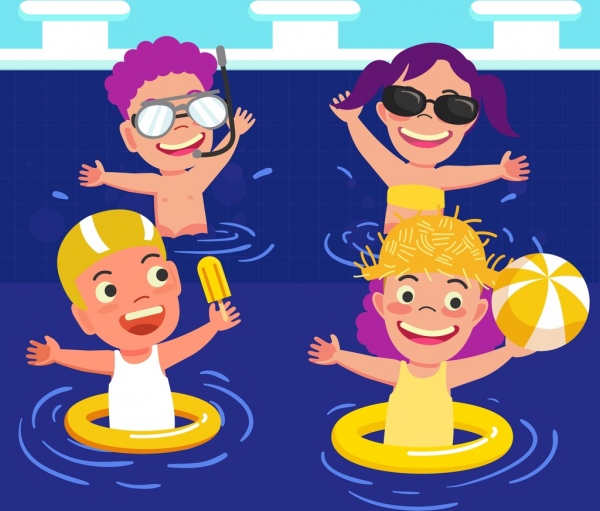 horário de verão fundo alegre crianças piscina ícones