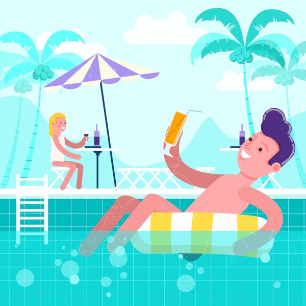 Tiempo de verano fondo gente relajada piscina iconos