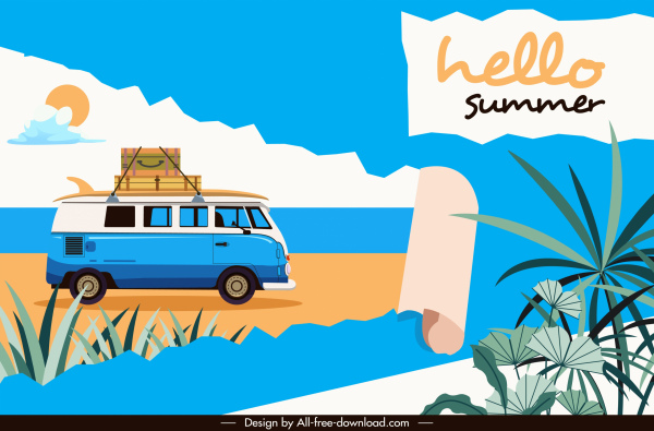 musim panas banner elemen liburan pantai sketsa