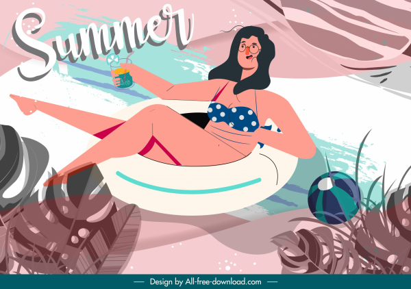 thời gian mùa hè Banner bikini cô gái thư giãn Cartoon Sketch