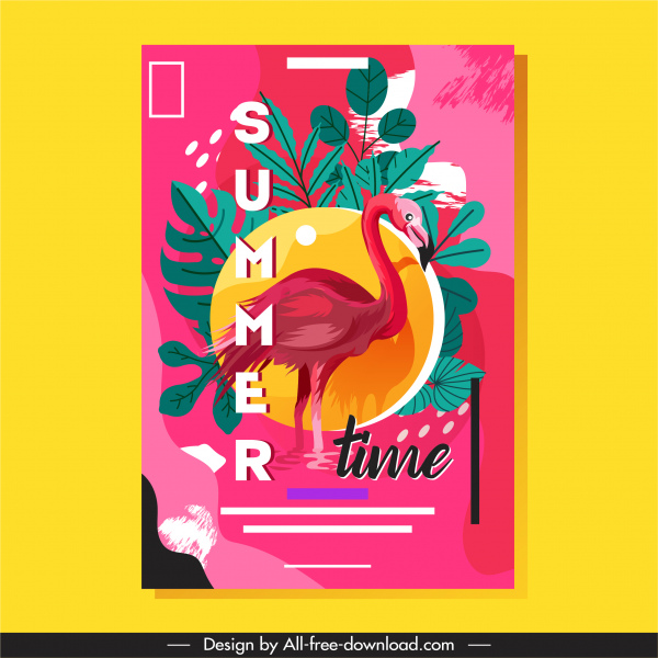 musim panas banner flamingo daun sketsa grunge klasik