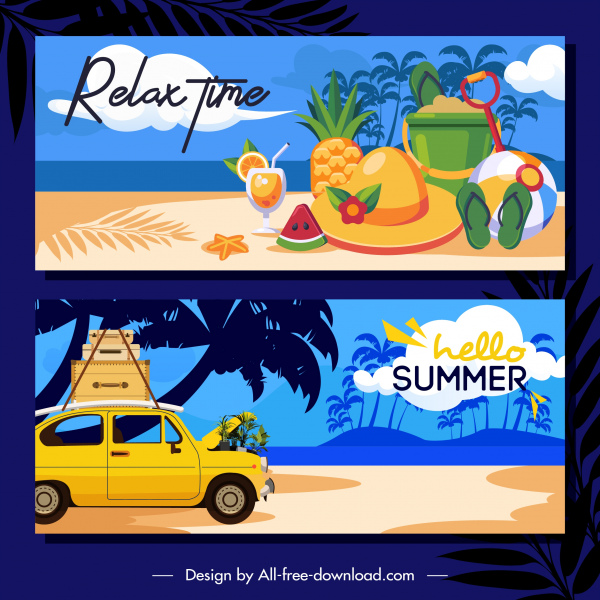 Summer Time Banner Templates Colorful Classic Sea Elements