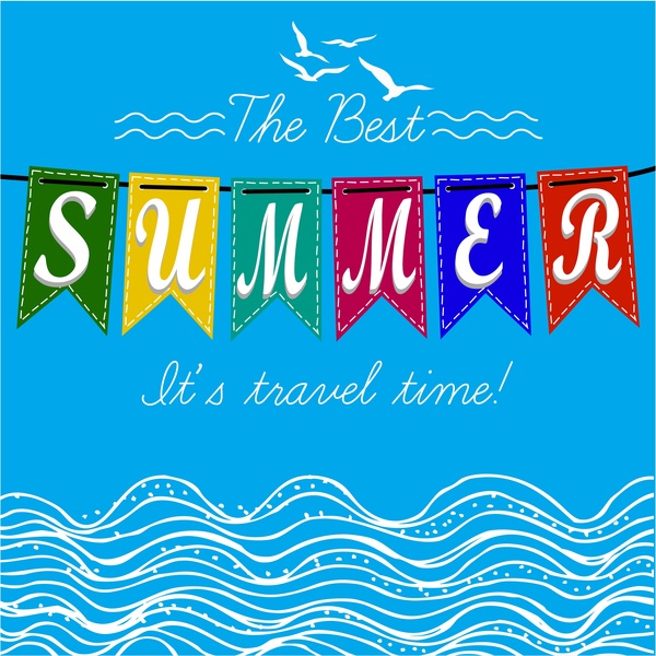 waktu musim panas banner dengan ilustrasi laut dan teks