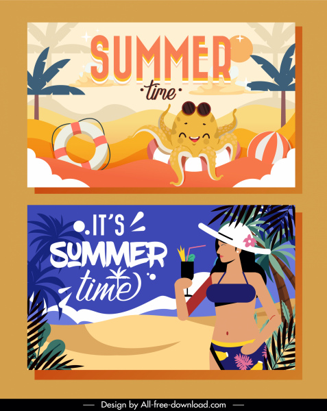 yaz zamanı afişler plaj elemanları kroki renkli klasik