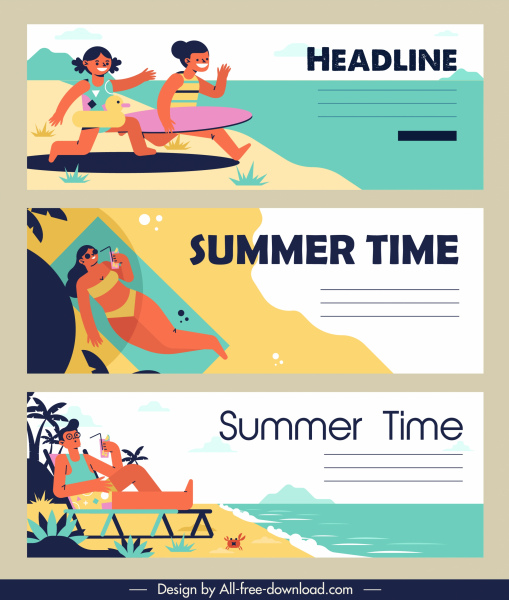 الصيف لافتات الوقت الاسترخاء الناس رسم الكلاسيكية الملونة