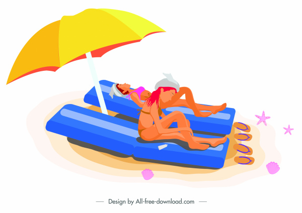 الصيف الوقت اللوحة حمامات الشمس السيدات رسم الكرتون الملونة