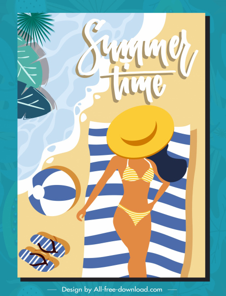 musim panas waktu poster bikini gadis tepi pantai desain datar