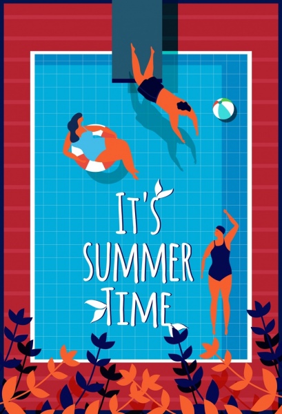 Sommer Zeit Plakat Schwimmbad verspielte Menschen Symbole