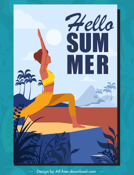 Sommer Zeit Poster Vorlage Yoga Frau Skizze Carcoon Design