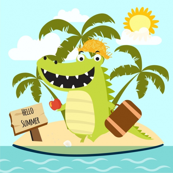 夏日旅遊旗幟綠色鱷魚圖標風格卡通