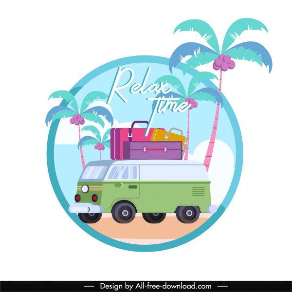 여름 여행 배경 버스 수하물 코코넛 나무 스케치