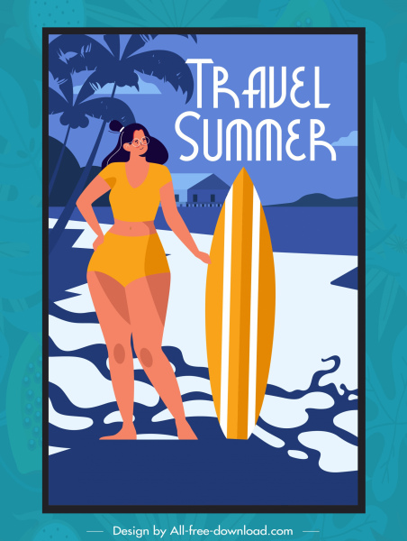 estate viaggio banner bikini signora tavola da surf schizzo