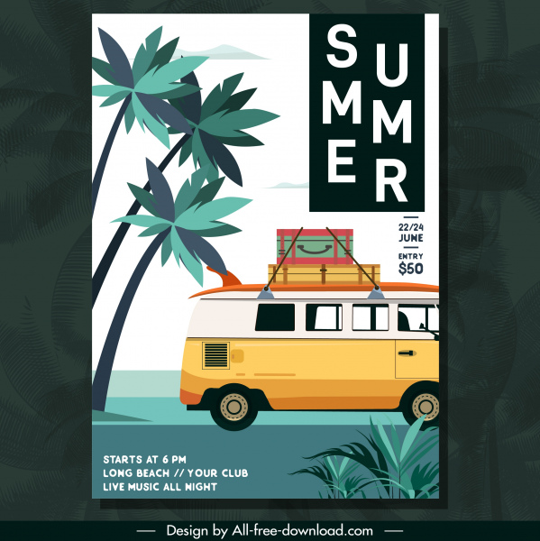 여름 여행 전단 클래식 디자인 버스 코코넛 스케치