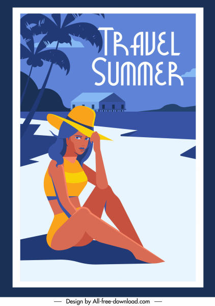 musim panas perjalanan poster bikini gadis pantai sketsa