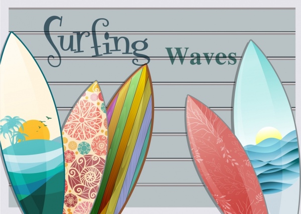 viaggio pittoresco sfondo decorato da surf, icone estate