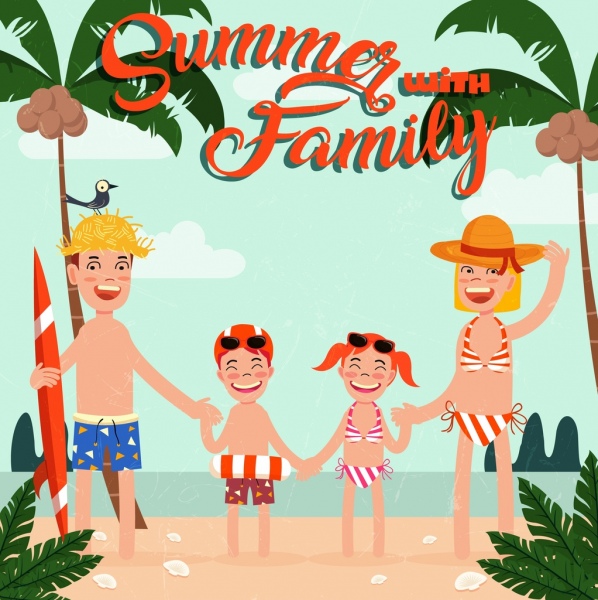 Viaje de verano banner playa familiar iconos de dibujos animados de colores